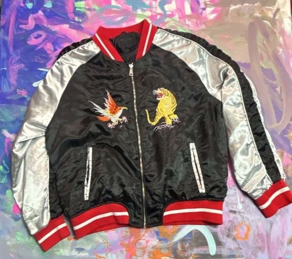 Miss London Black Label Satin Sukajan Embroidered Bomber Jacket